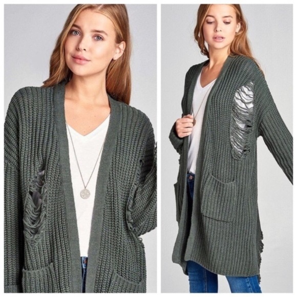 Last 2!! Hunter Green Distressed Cardigan - Picture 1 of 4